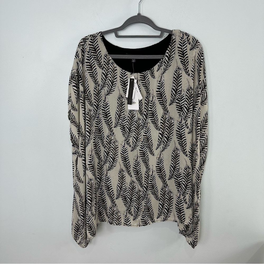 Joan Vass Woman Falling Feather Kimono Sleeve Tunic Top; NWT Sz 1X Cream/Black